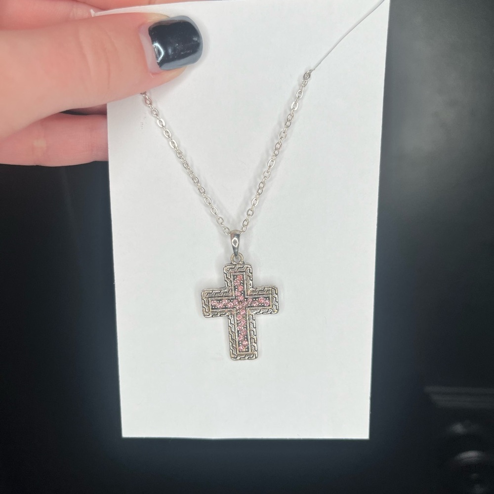 Elegant Silver and Pink Cross Necklace